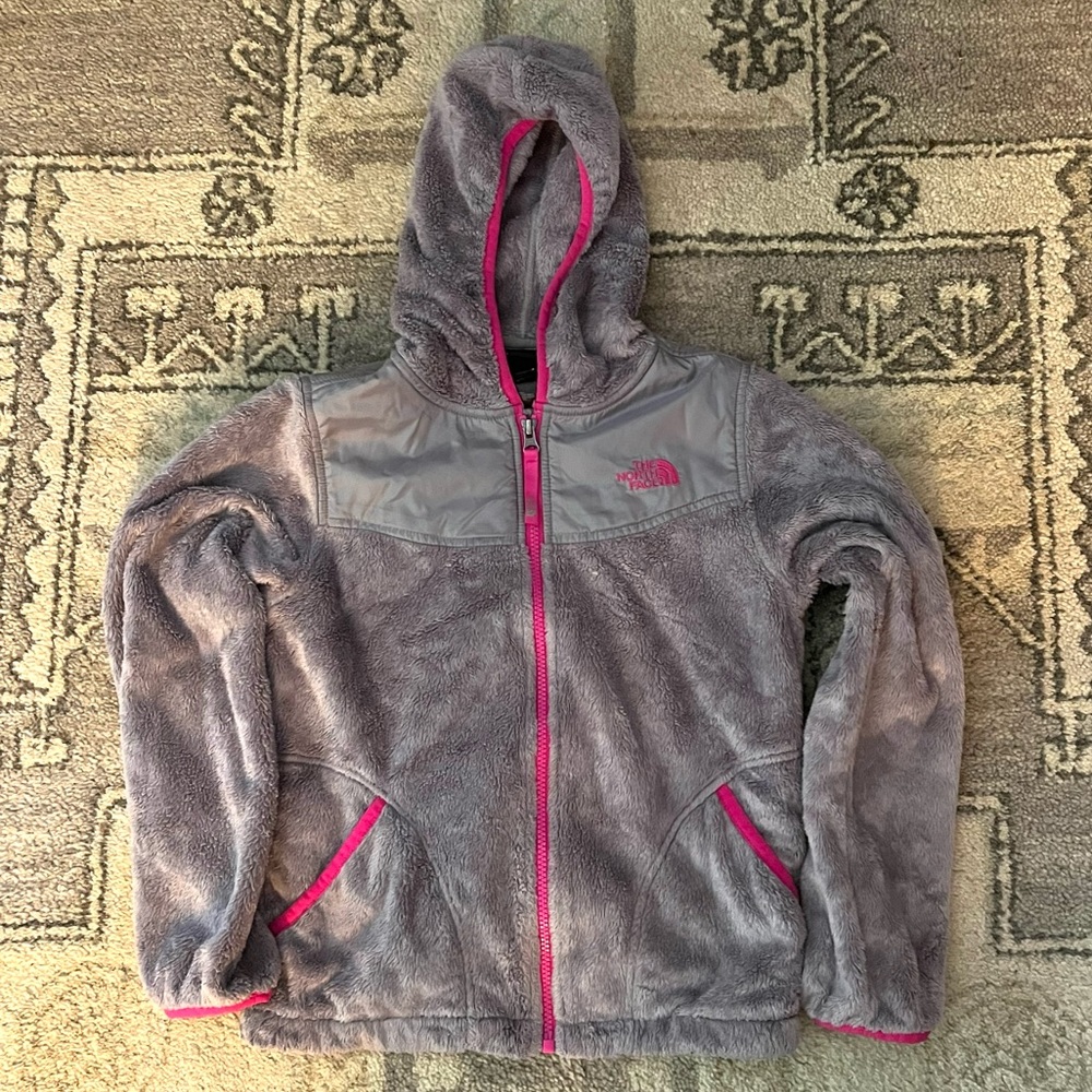 girls grey and pink north face fleece jacket